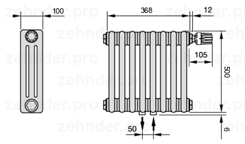 Схема (чертеж) Радиатор Zehnder Charleston 3050/8 №V008 Белый глянцевый RAL 9016